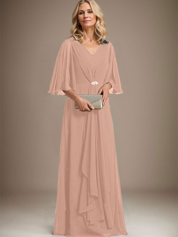 Vestido de gasa para madre de la novia, corte A, escote en V, largo hasta el suelo, con volantes en cascada y broche de cristal