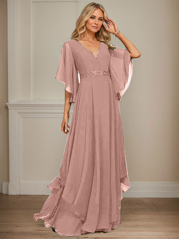 Vestido de gasa para madre de la novia, corte A, escote en V, largo hasta el suelo, con apliques de lentejuelas, encaje y abalorios