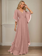 Vestido de gasa para madre de la novia, corte A, escote en V, largo hasta el suelo, con apliques de lentejuelas, encaje y abalorios