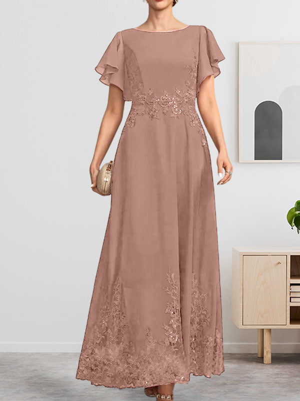 A-Linie U-Ausschnitt Knöchellang Spitzen-Chiffon-Kleid für die Brautmutter mit Pailletten