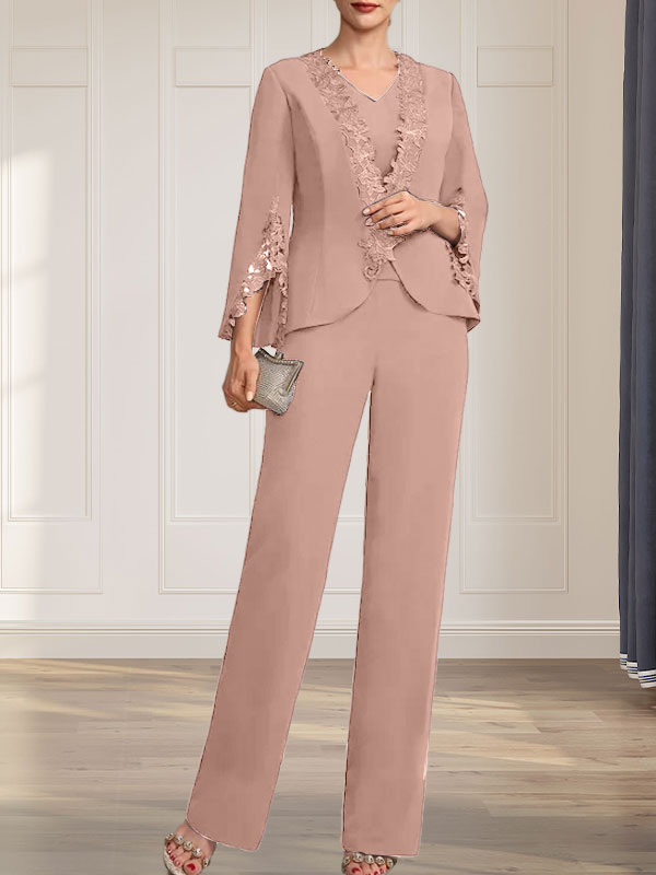 Vestido de gasa para madre de la novia, con escote en V y largo hasta el suelo, de mono/pantalón separado