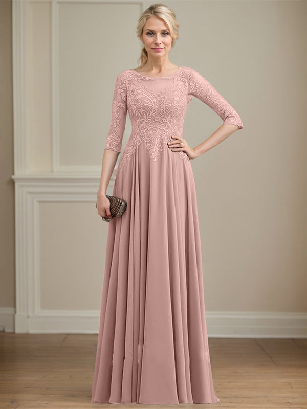 Vestido de gasa con encaje y lentejuelas para madre de la novia, corte A, escote ilusión, largo hasta el suelo