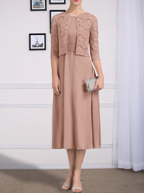 Vestido de gasa para madre de la novia con corte en A, escote redondo y largo hasta la rodilla con pliegues