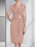 Vestido de gasa para madre de la novia con escote corazón, largo hasta la rodilla, con apliques de cuentas, encaje y lentejuelas plisado.