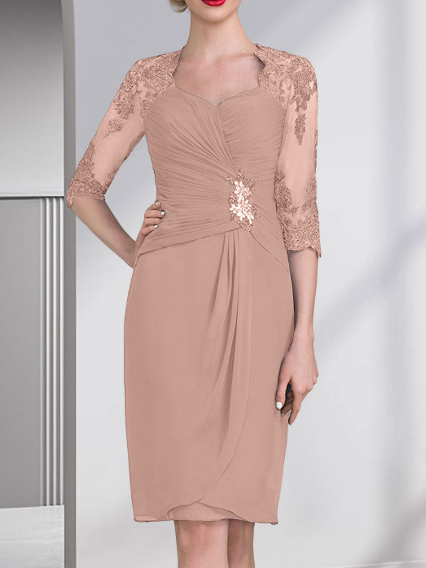 Vestido de gasa para madre de la novia con escote corazón, largo hasta la rodilla, con apliques de cuentas, encaje y lentejuelas plisado.