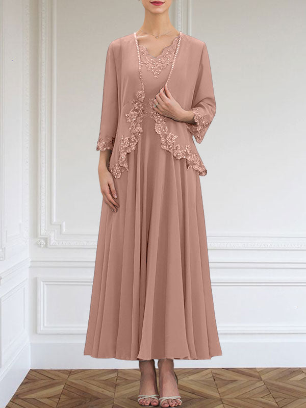 Vestido de gasa para madre de la novia, corte A, escote en V, largo hasta los tobillos, con apliques de lentejuelas, encaje y cuentas