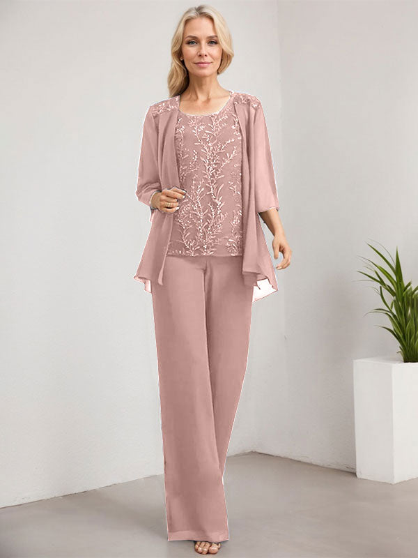 Vestido de madre de la novia de gasa con encaje, largo hasta el suelo, con lentejuelas y mono/pantalón separado