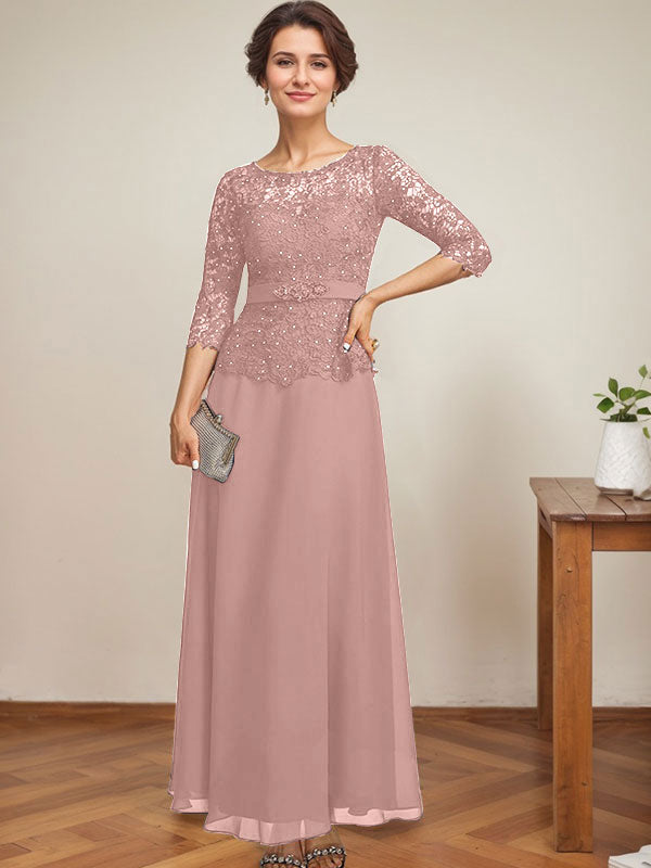 Vestido de gasa con encaje y escote en A, ilusión, largo hasta los tobillos, para madre de la novia con cuentas de diamantes de imitación