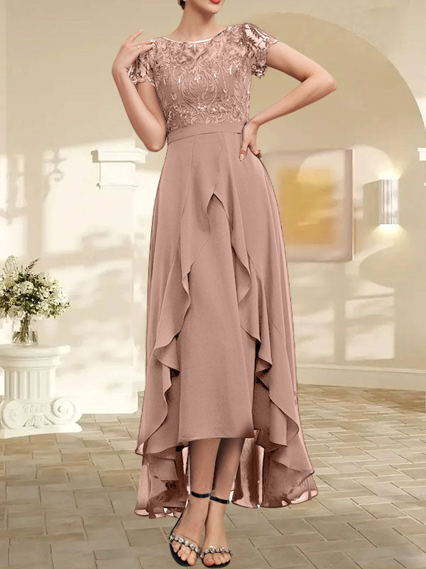 Vestido de madre de la novia de gasa asimétrica con escote en A, ilusión, encaje, lazo, volante y lentejuelas
