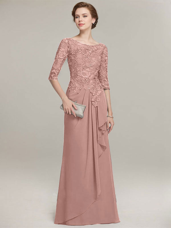 Vestido de gasa con encaje, corte A, escote ilusión, largo hasta el suelo, para madre de la novia con volantes en cascada