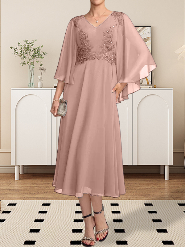 A-Linie V-Ausschnitt Wadenlanges Chiffon-Spitzenkleid für die Brautmutter mit Perlen und Pailletten
