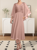 A-Linie V-Ausschnitt Wadenlanges Chiffon-Spitzenkleid für die Brautmutter mit Perlen und Pailletten