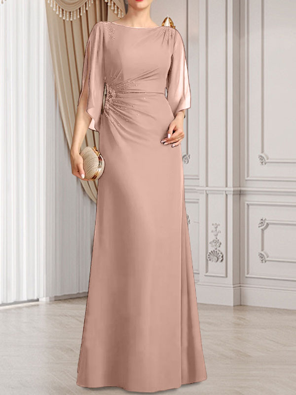 Vestido de gasa para madre de la novia con corte tubo/columna, escote redondo y largo hasta el suelo, con cuentas plisadas