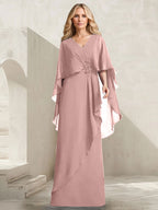 Vestido de gasa para madre de la novia con escote en V, corte A y largo hasta el suelo, con volantes en cascada y cuentas