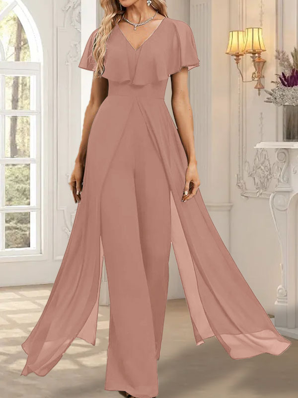 Vestido de noche de gasa con escote en V y largo hasta el suelo, tipo mono/pantalón