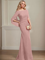 Vestido de madre de la novia de gasa con escote barco, corte trompeta/sirena, largo hasta el suelo, con pliegues