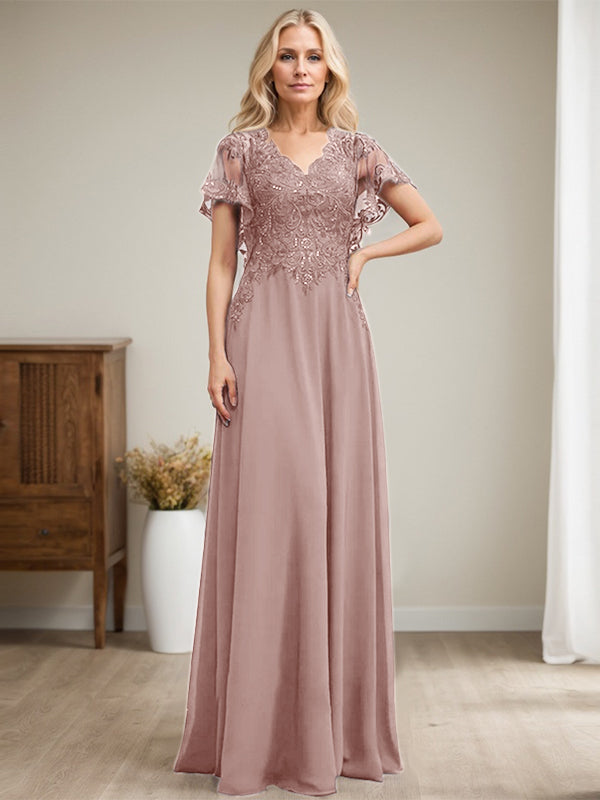 A-Linie V-Ausschnitt Bodenlanges Spitzenchiffonkleid für die Brautmutter mit Pailletten 