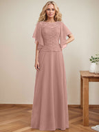 Vestido de gasa con encaje y lentejuelas para madre de la novia, corte A, escote ilusión, largo hasta el suelo