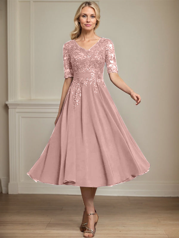 Vestido de gasa con encaje y lentejuelas para madre de la novia, corte A, escote en V y largo hasta la rodilla
