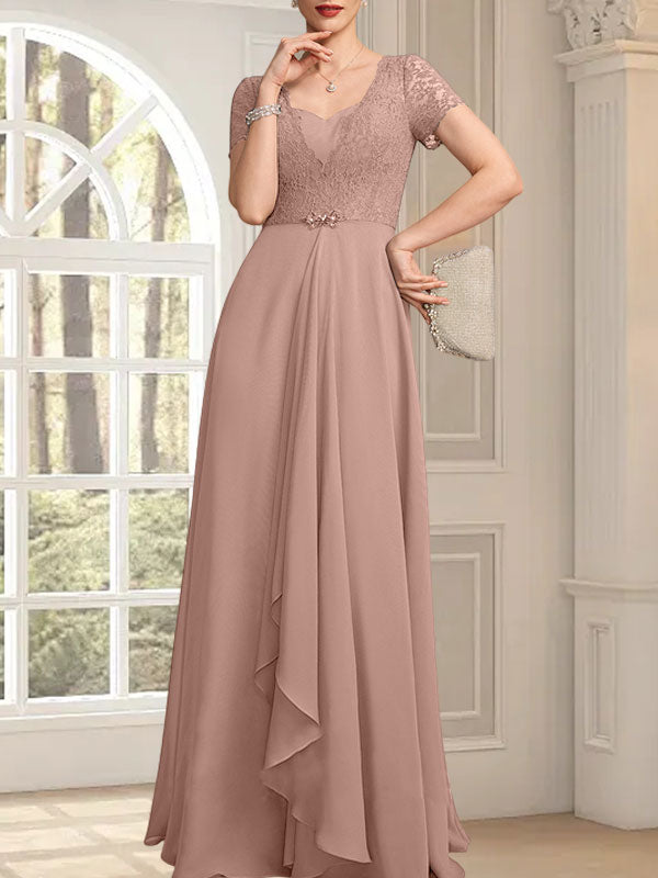 Vestido de madre de la novia de gasa con encaje, corte en A, escote corazón, largo hasta el suelo, con volantes en cascada y cuentas