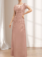 Vestido de madre de la novia de gasa con encaje, escote redondo, ilusión, largo hasta el suelo, con lentejuelas