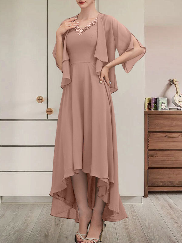 A-Linien-Kleid mit V-Ausschnitt, asymmetrischem Chiffon für die Brautmutter mit Perlen und Pailletten