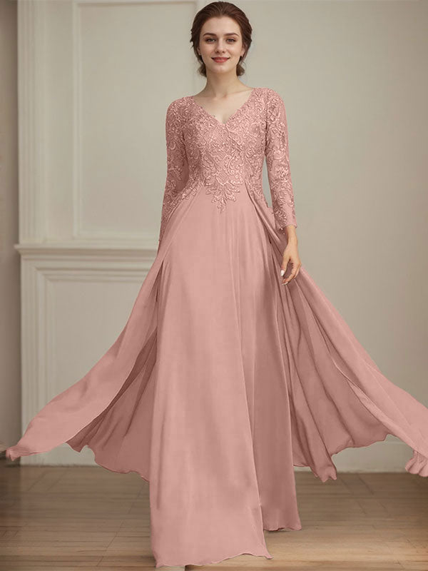 Vestido de madre de la novia de gasa con encaje, escote en V y lentejuelas, largo hasta el suelo