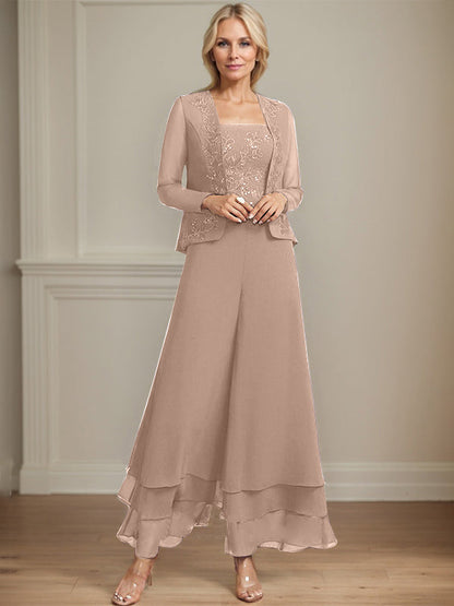 Separates Jumpsuit/Hosenanzug Quadratisches Knöchellanges Spitzenchiffonkleid für die Brautmutter mit Pailletten 