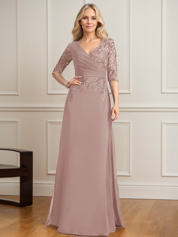 Vestido de madre de la novia de gasa con encaje, escote en V y lentejuelas plisadas hasta el suelo