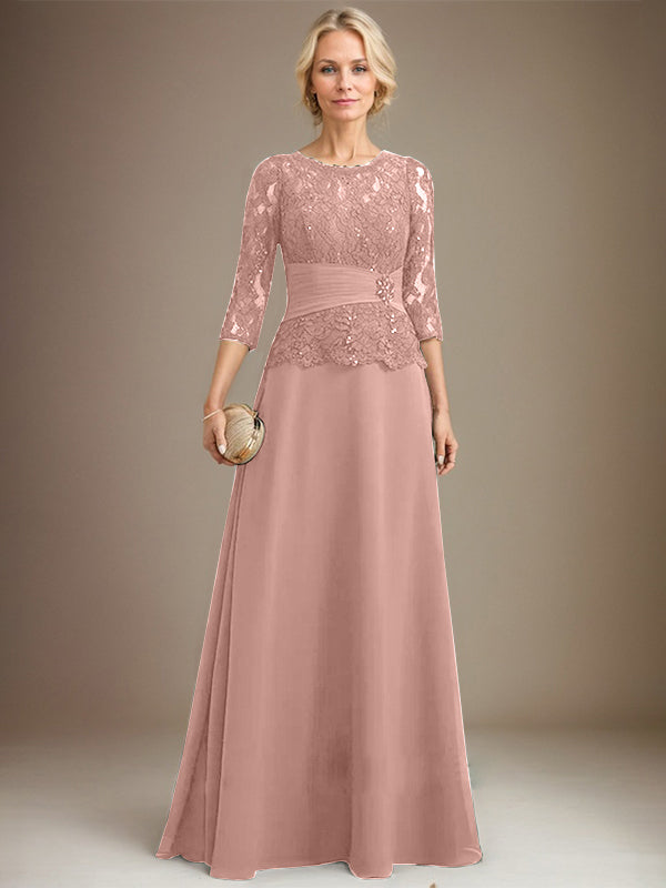 Vestido de gasa con encaje, corte A, ilusión, largo hasta el suelo, para madre de la novia, con lentejuelas plisadas y abalorios