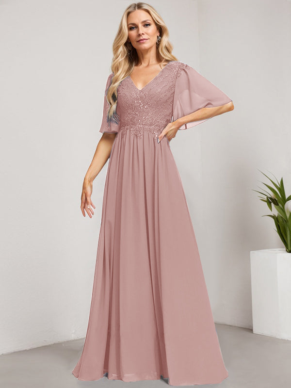 Vestido de madre de la novia de gasa con encaje, escote en V y lentejuelas, largo hasta el suelo