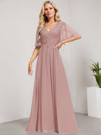 Vestido de madre de la novia de gasa con encaje, escote en V y lentejuelas, largo hasta el suelo