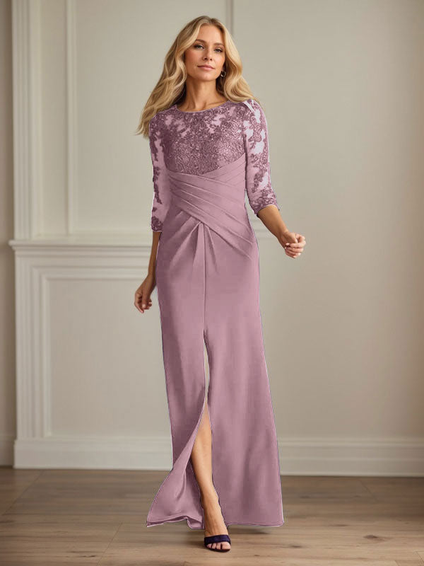 Vestido para madre de la novia de crepé elástico con encaje color ciruela