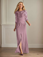 Vestido para madre de la novia de crepé elástico con encaje color ciruela