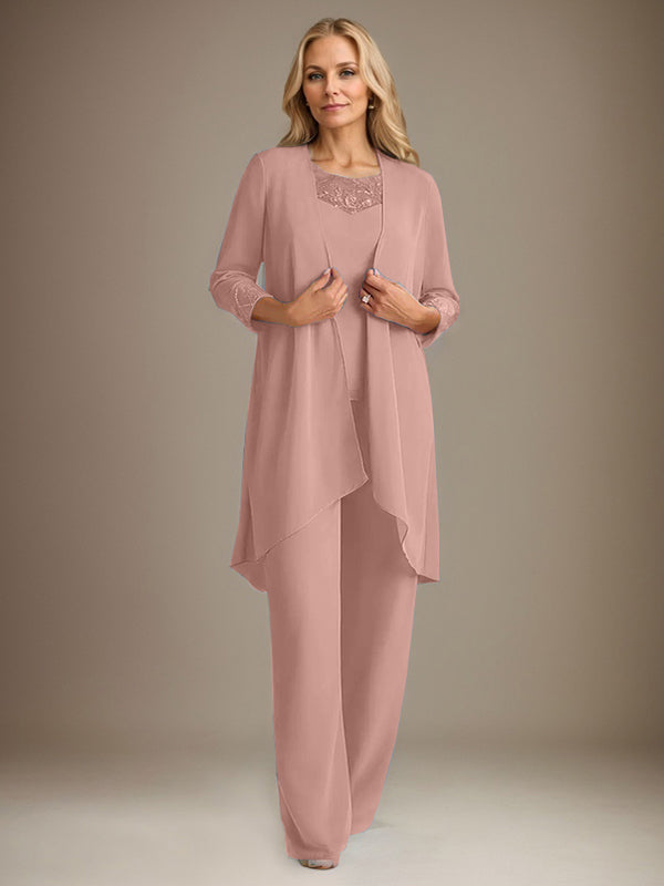Trajes de gasa con mangas largas y escote redondo para madre de la novia con chaqueta