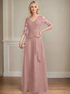 A-Linie V-Ausschnitt Bodenlanges Spitzen-Chiffon-Kleid für die Brautmutter mit kaskadierenden Rüschen und Pailletten 