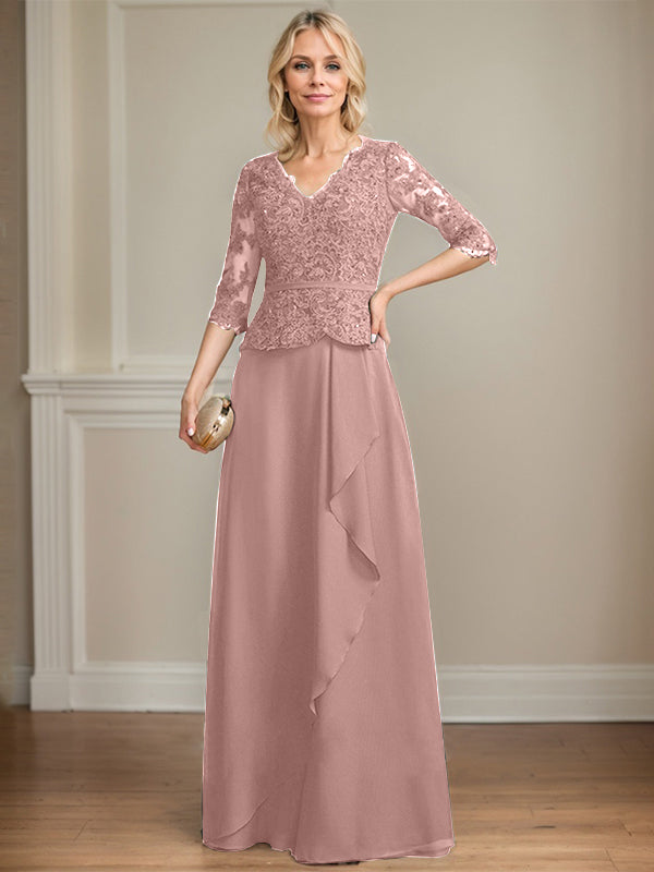 Vestido de madre de la novia de gasa con encaje, escote en V, largo hasta el suelo, con volantes en cascada y lentejuelas