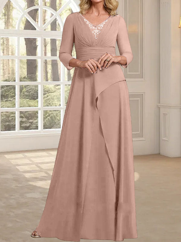 Vestido de gasa para madre de la novia con escote en V, largo hasta el suelo, con pliegues y cuentas