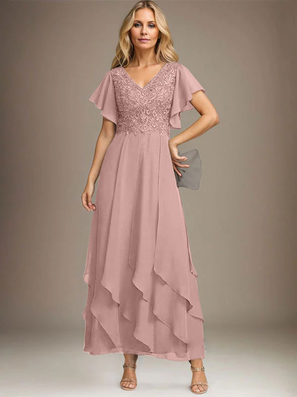 Vestido de gasa con encaje y escote en V hasta los tobillos para madre de la novia con volantes en cascada