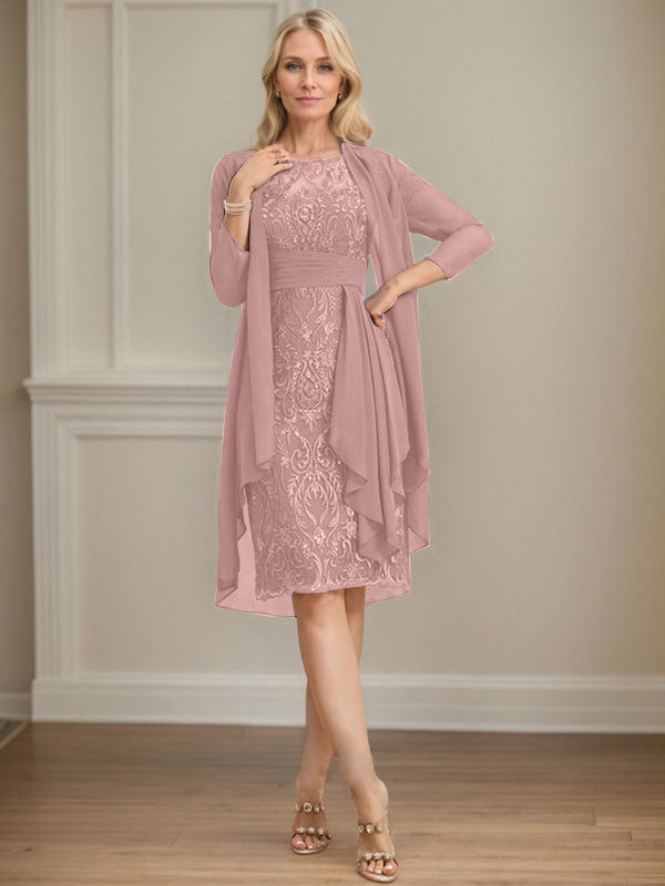 Vestido de madre de la novia de gasa con encaje, escote redondo, ilusión, largo hasta la rodilla, con volantes en cascada y lentejuelas
