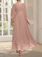 Vestido de gasa con encaje y lentejuelas para madre de la novia, corte A, escote ilusión, largo hasta los tobillos