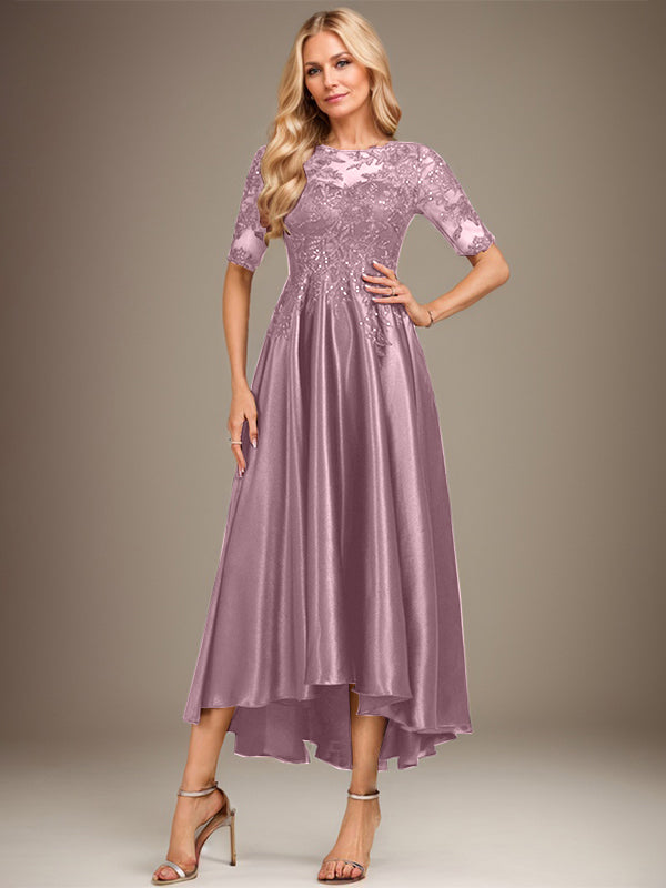Vestido de madre de la novia de encaje satinado elástico asimétrico con ilusión de escote redondo y lentejuelas