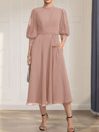 A-line High Neck Tea-Length Lace Chiffon Mother of the Bride Dress With Bow