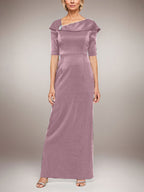 Vestido largo de columna brillante con puños doblados, escote en L y mangas hasta el codo