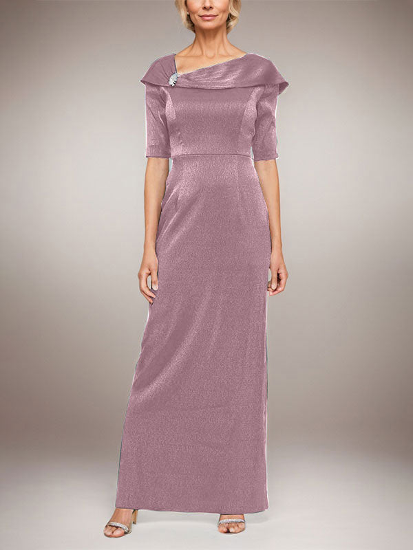 Vestido largo de columna brillante con puños doblados, escote en L y mangas hasta el codo