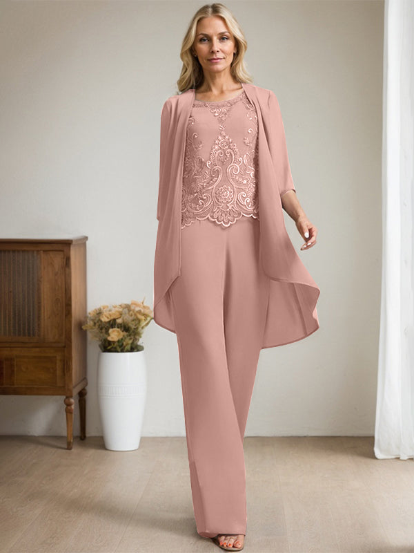 Vestido de madre de la novia de gasa con encaje, escote redondo y lentejuelas y mono/pantalón separado