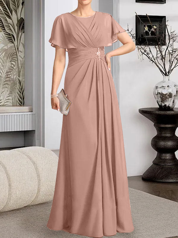 Vestido de gasa para madre de la novia con corte en A, escote redondo y largo hasta el suelo, con cuentas plisadas