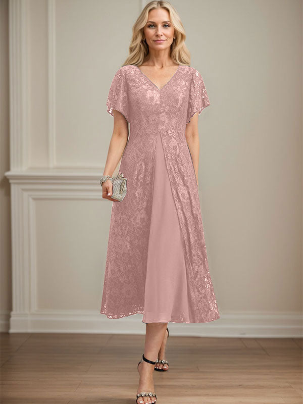 Vestido de gasa con encaje y escote en V para madre de la novia, largo hasta la rodilla
