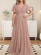 Vestido de gasa para madre de la novia, corte A, escote en V, largo hasta el suelo, con broche de cristal y plisado