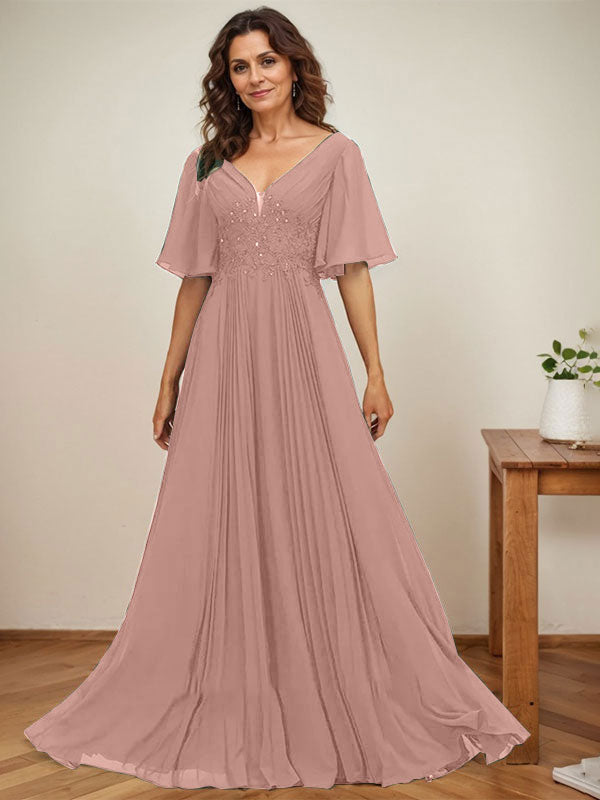 Vestido de gasa para madre de la novia, corte A, escote en V, largo hasta el suelo, con apliques de lentejuelas y encaje plisado